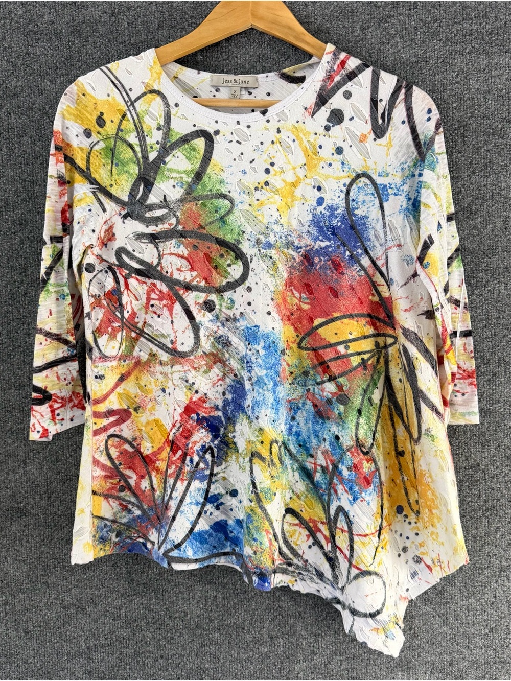 Jess & Jane Womens Artsy Top Size Small 3/4 Sleeve Multicolor